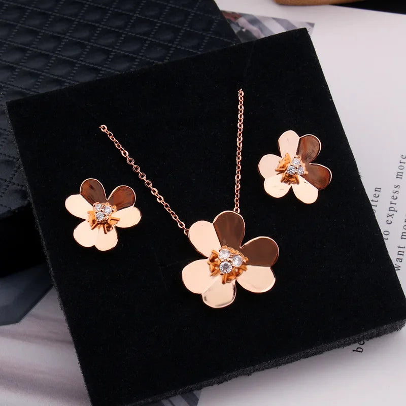 Luxury Flower Geometry Cubic Ziron Engagement Necklace Bridal Stud Jewelry copper Lady Gift Lovely