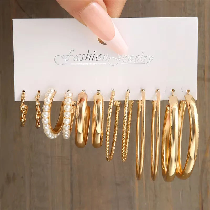 Gold Pearl Geometric Hoop Earrings