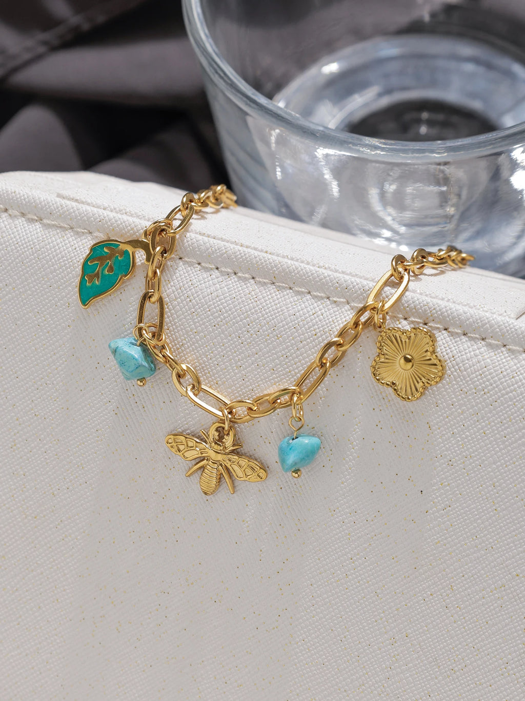 Vintage Turquoise Bee Flower Enamel Leaf Pendant Bracelet