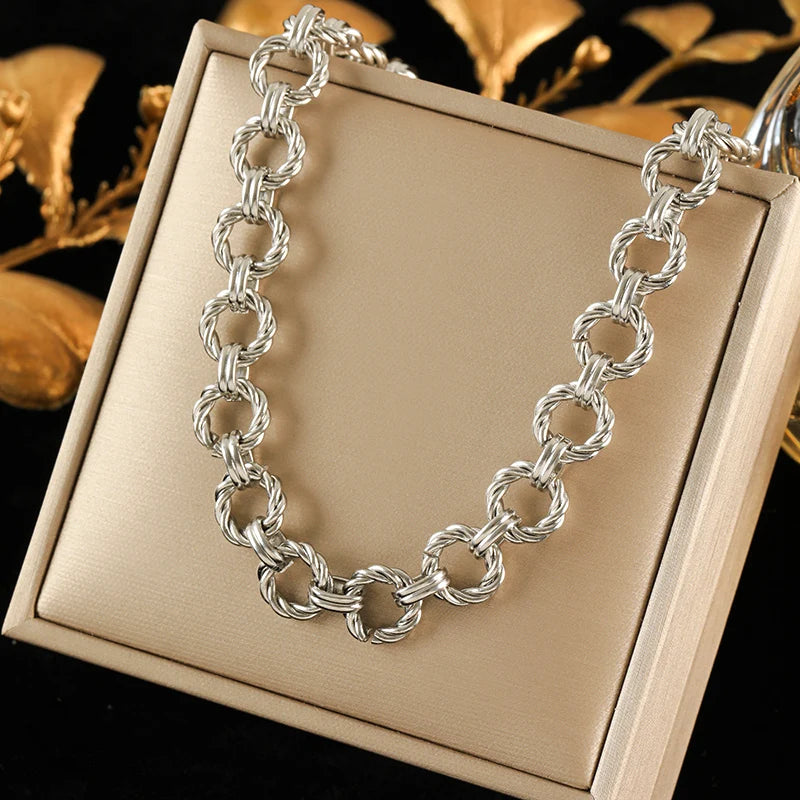 EILIECK 316L Stainless Steel Metal Gold Color Round Link Chain Necklace Bracelet Set For Women Fashion Punk Waterproof Jewelry