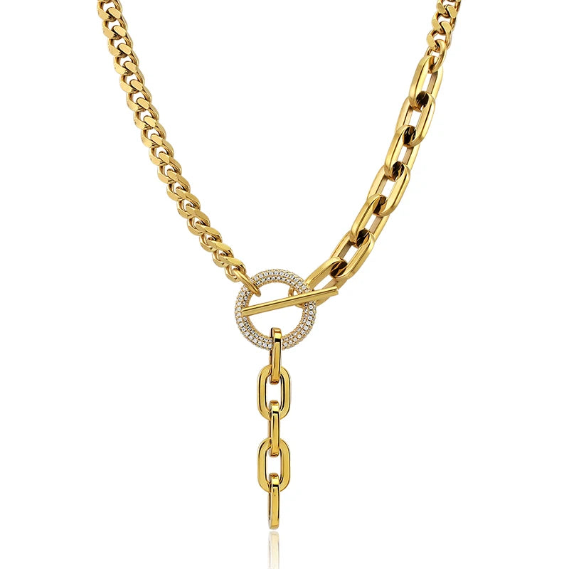 Circle Rhinestone Crystals Lock Stainless Steel Long Chain Tassel Pendant Necklace Choker Cuban Link Chain Statement Necklace