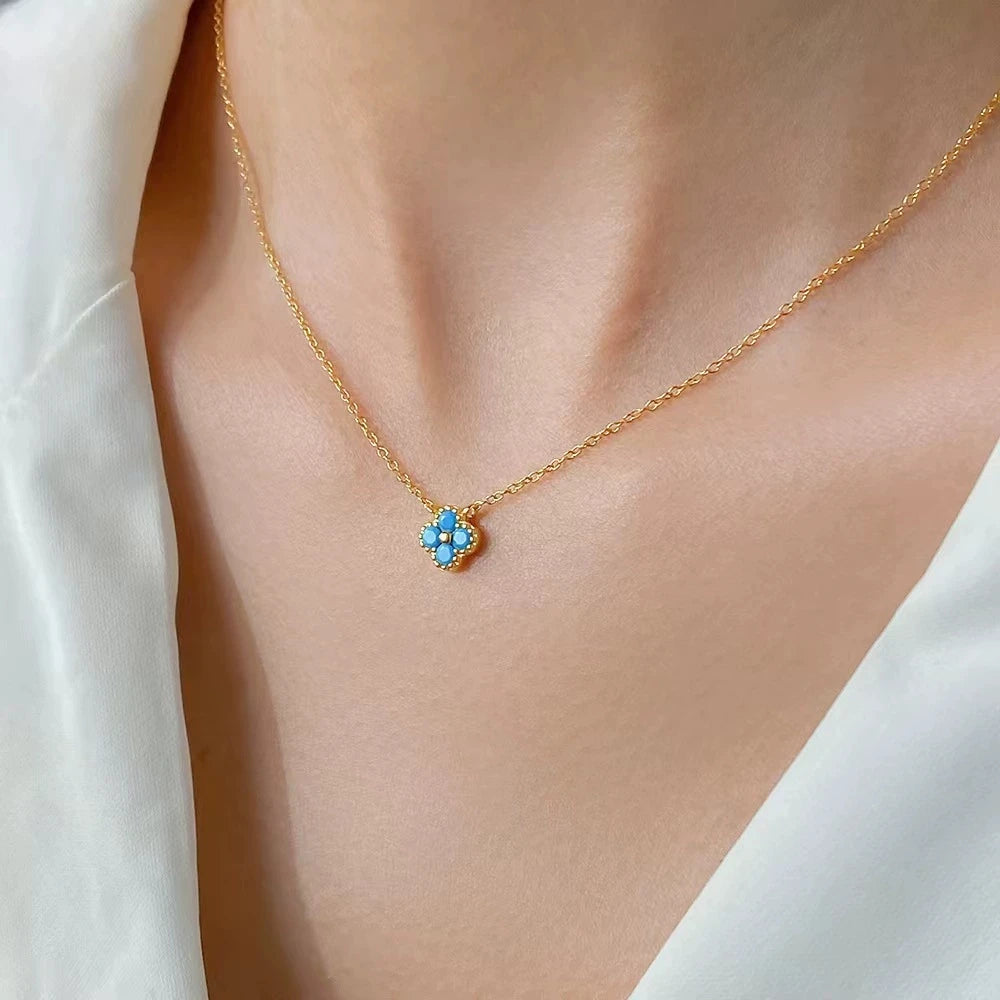 Turquoise Petal Necklaces For Women Ins Minimalist CZ Leaf Flowers Elegant Pendant Necklaces Gift