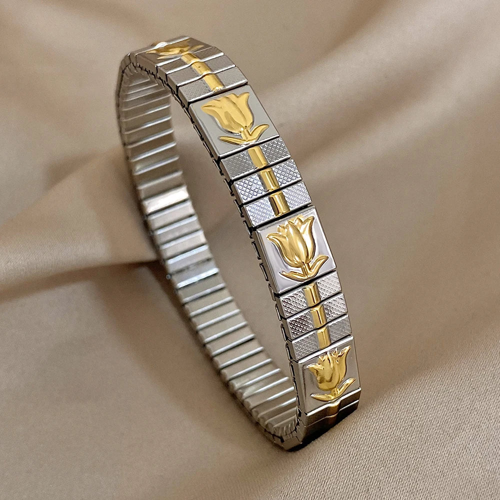 Waterproof Stainless Steel Patterned Love Heart & Flower Bangle
