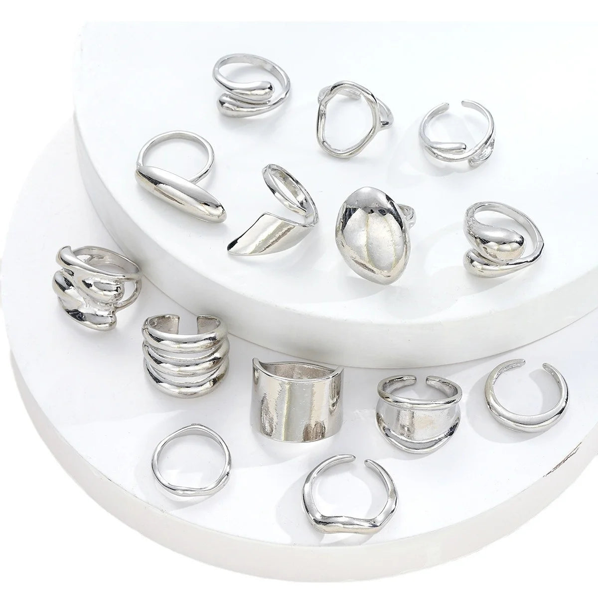 Vintage Exaggerated Smooth Asymmetrical Geometric Rings Set, 14 Pcs/Set