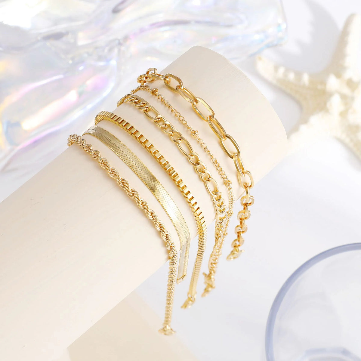 6Pcs Vintage Gold Multilayer Adjustable Anklet Set