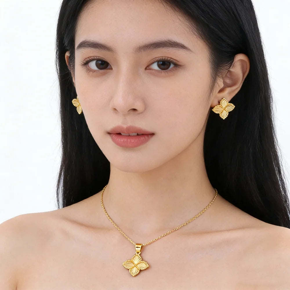 Gold Color Lucky Clover Pendant Necklace Earrings for Women Fine Stainless Steel Jewelry Set for Wedding New Concise Party Gifts