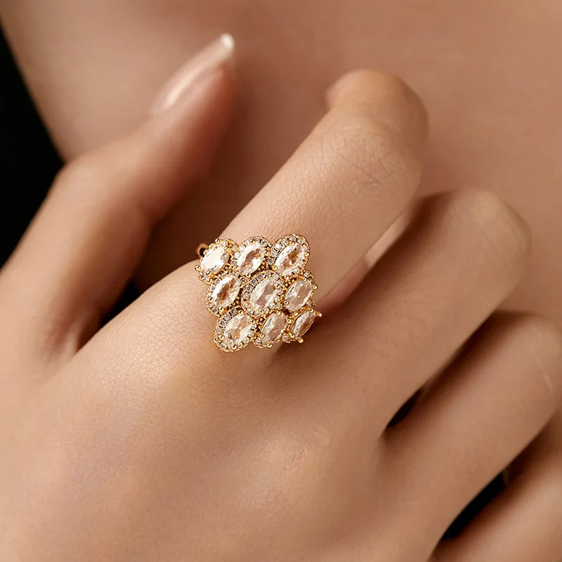 Personalized 18k Gold Plated Exquisite Zircon Ring with Opening Design European American Style Elegant Women Finger Ring