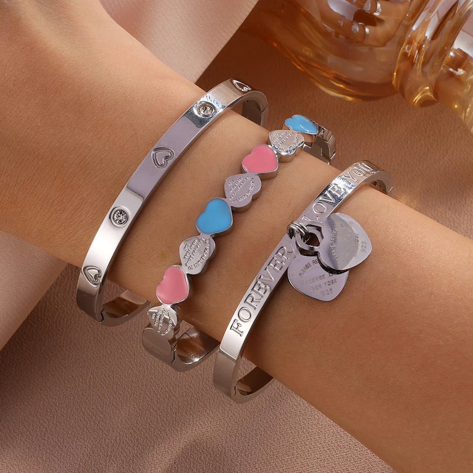 ChooseMe 3-Piece Stackable Stainless Steel Heart Elements Waterproof Bangle Set