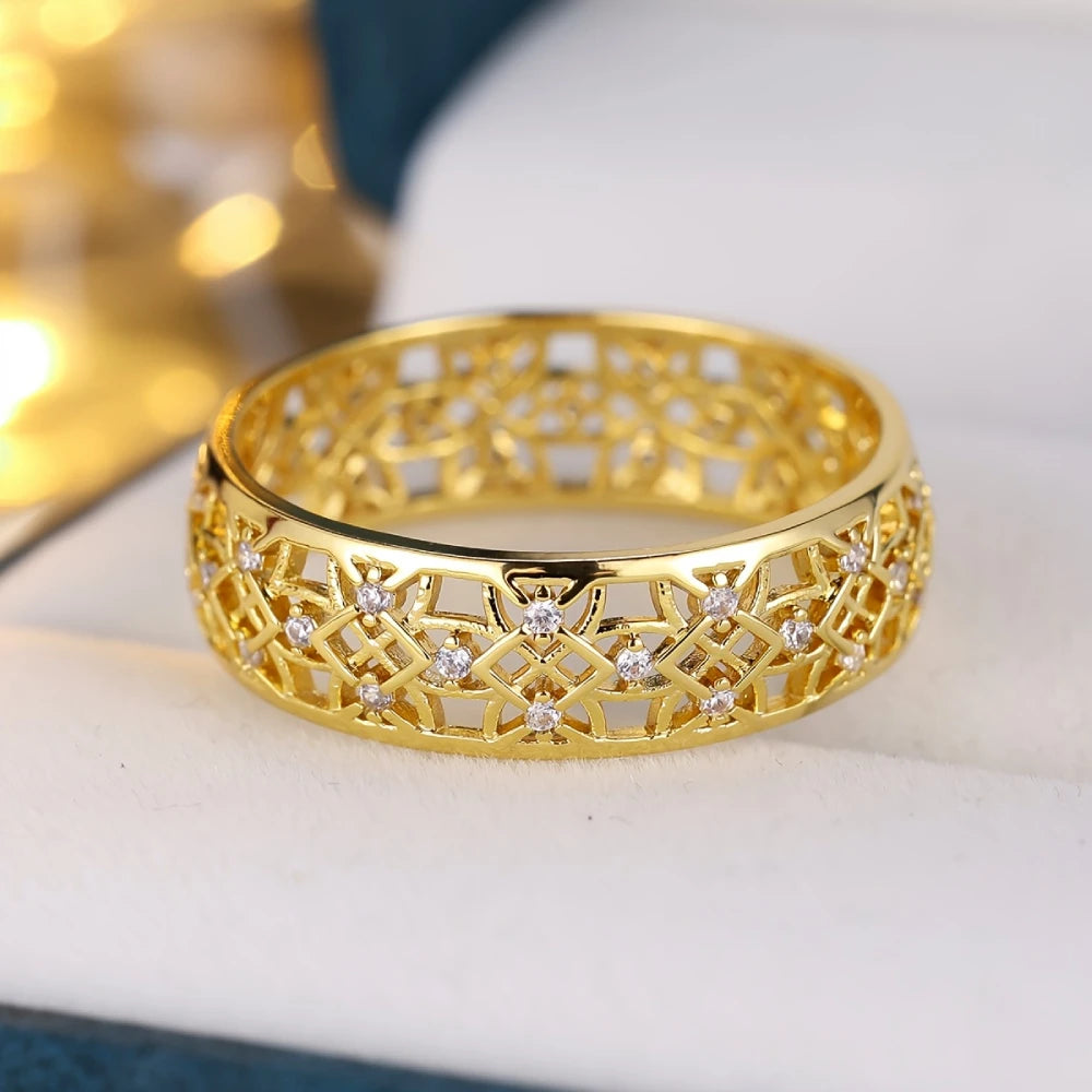 Huitan Hollow Out Design Women Ring Versatile Party Daily Inlaid Shining CZ Trendy Accessories Gold Color Fancy Wedding Jewelry