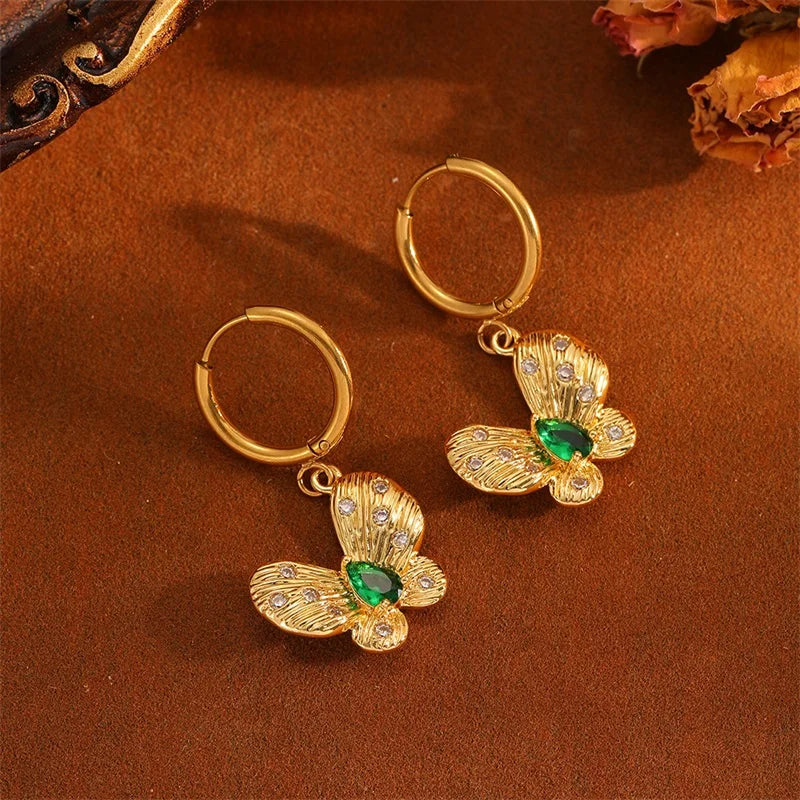 EILIECK 316L Stainless Steel Green Butterfly Zircon Dangle Necklace Earrings Set For Women Trendy Gift Luxury Waterproof Jewelry