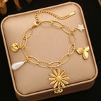 EILIECK Women's Fashion Retro Multi-Charm Chain Bracelet Gold Color Stainless Steel Flower Heart Butterfly Charm Bangle Jewelry