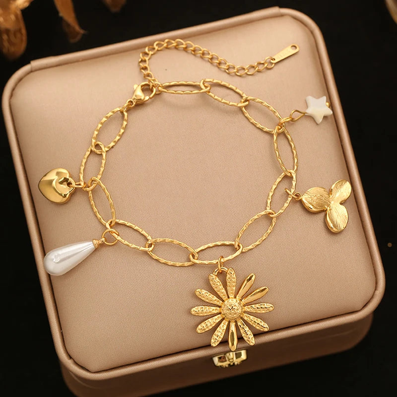 EILIECK 316L Stainless Steel Round Roman Numerals Charms Bracelet For Women Trendy Waterproof Hand Chain Summer Vacation Jewelry