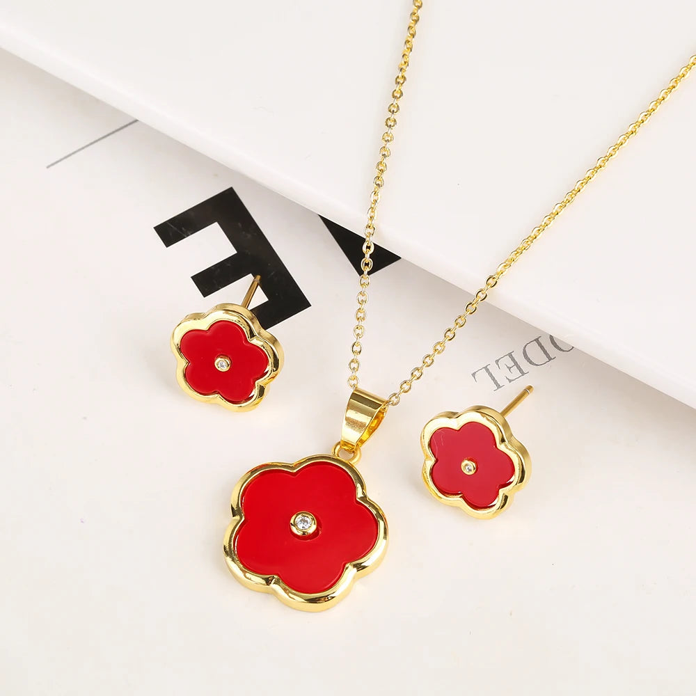 Elegant And Cute Clover Plant Five Leaf Flower Petal Pendant Necklace Earrings Jewelry Set Natural White Shell Stone Woman