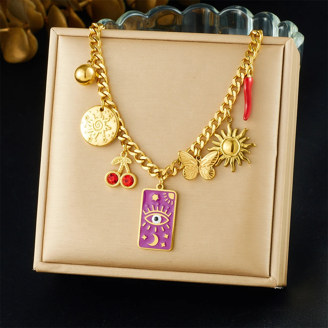 ChooseMe 316L Stainless Steel Golden Sun Heart Butterfly Turquoise Pendant Necklace