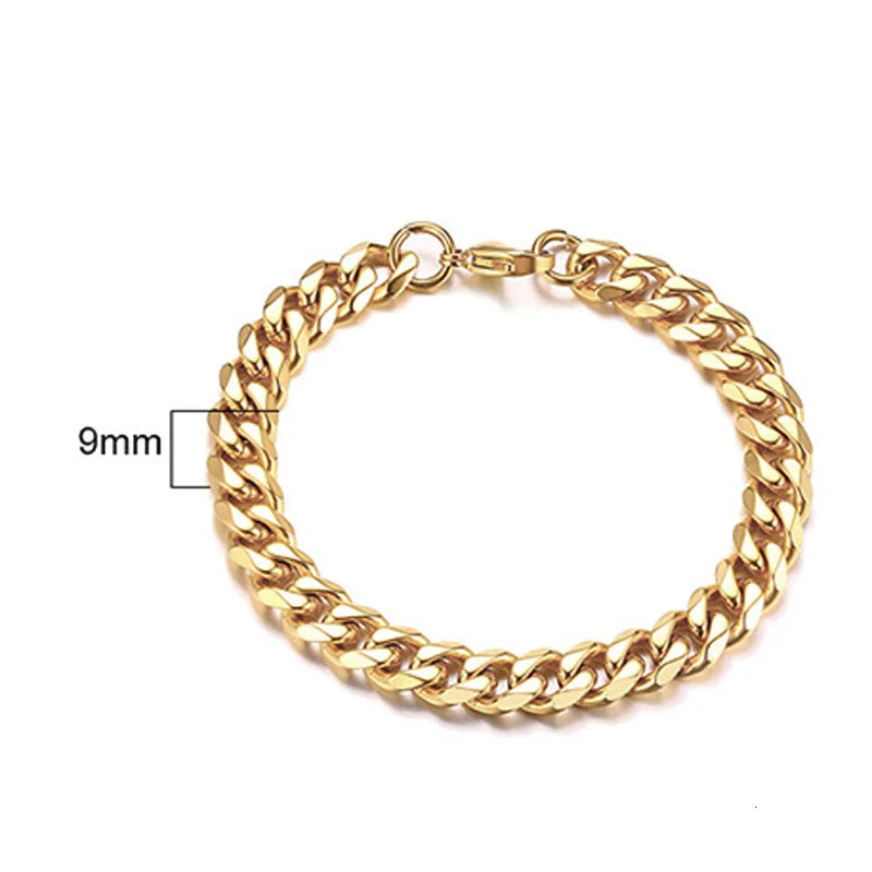 Stainless Steel Chain Bracelet Women, 3mm to 9mm Curb Cuban Chain Bangle Gold Color Unisex Wrist Stackable Jewelry
