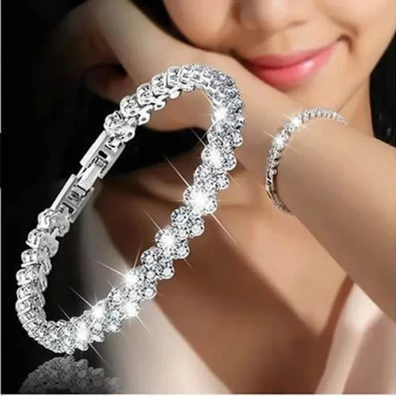 Luxury Roman Crystal Geometric Rhinestone Chain Charm Bangle