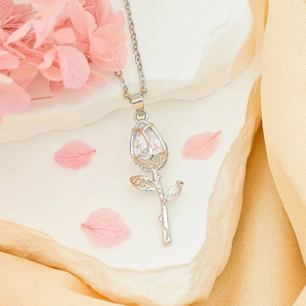 Elegant Tulip Flower Pendant Necklace Minimalist Sweet Style Zircon Pendant Layered Trendy Design Stainless Steel Choker Wedding