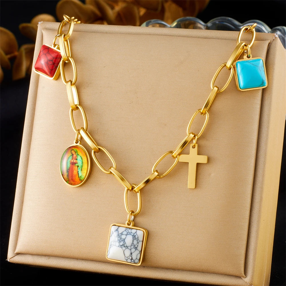 DIEYURO 316L Stainless Steel Golden Heart Sun Multiple Pendants Necklace Women New Fashion Marine Style Neck Chain Jewelry Gift