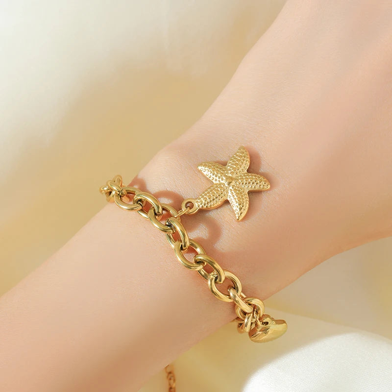 EILIECK 316L Stainless Steel Gold Color Starfish Moon Star Charm Bracelet For Women New Trendy Wrist Chain Jewelry Gift Party