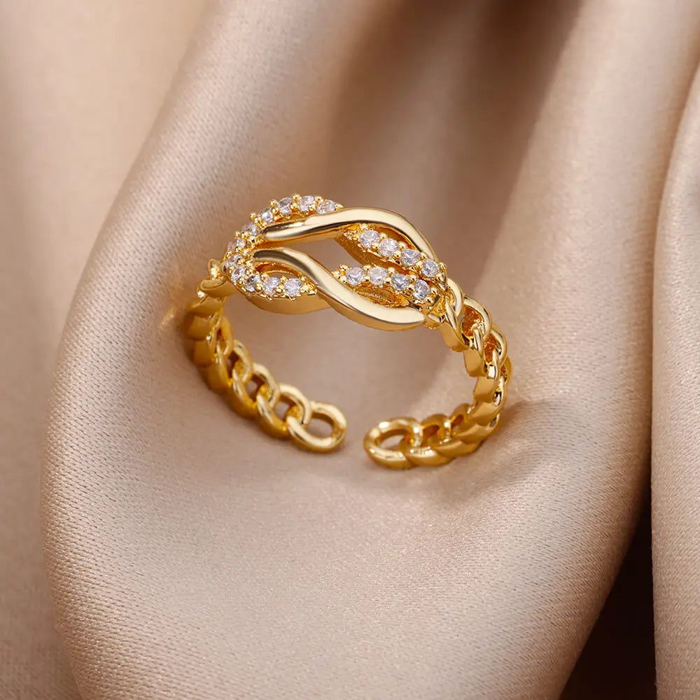 Gold-Plated Stainless Steel Crystal & Geometric Chain Ring