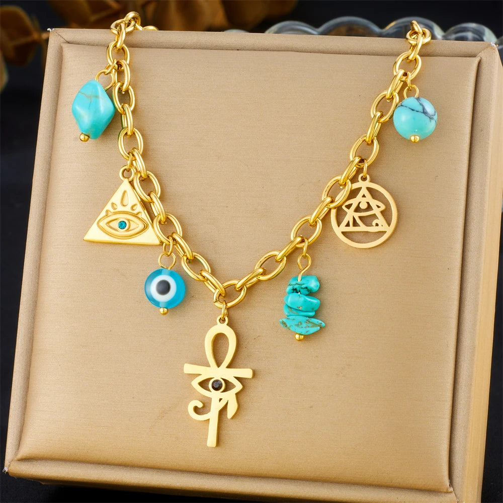 DIEYURO 316L Stainless Steel Golden Heart Flower Turquoise Multi Pendant For Womnen New Trend Chain Rustproof Jewelry Party Gift