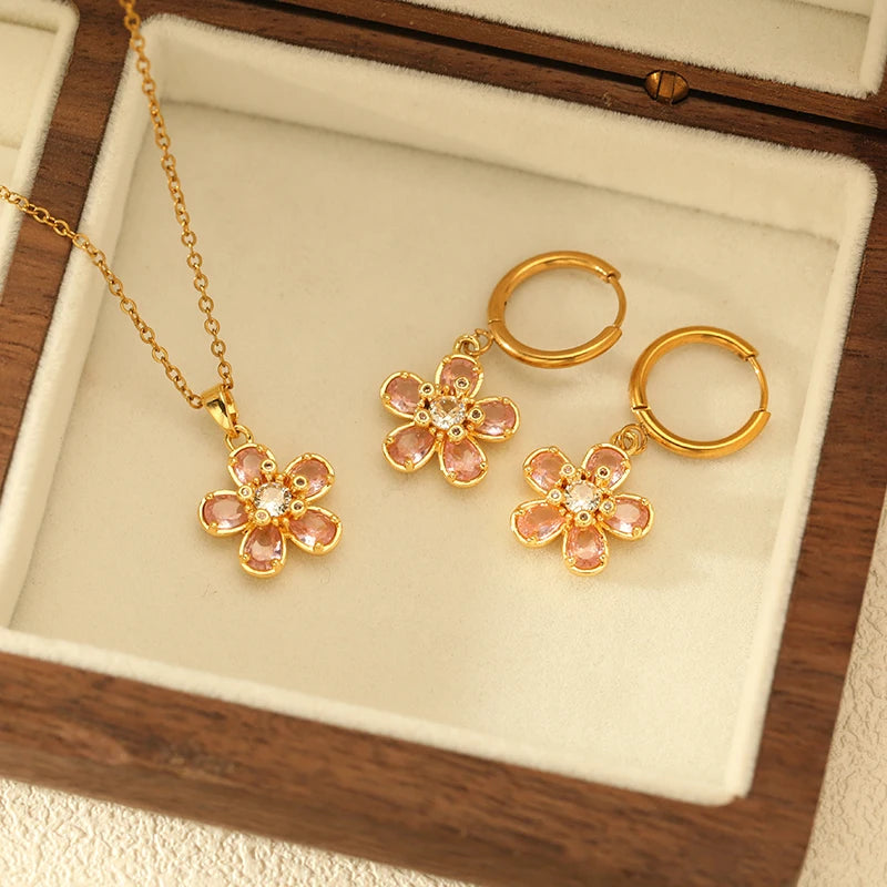 EILIECK Shiny Cubic Zirconia Flowers Luxury Necklace Earrings Gold Color Platinum Plated Temperament Waterproof Jewelry New