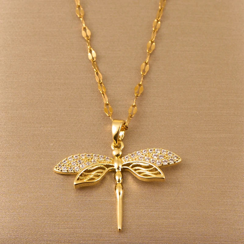 Trendy Gold-Color Stainless Steel Dragonfly Wings Crystal Necklace