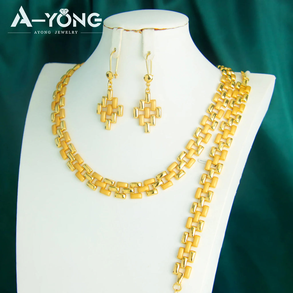 Newest Nigeria Wedding Jewelry Set 21k Gold Plated Fashion Bamboo Knot Necklace Ethiopia Women Bridal Luxury Vintage Jewelrys