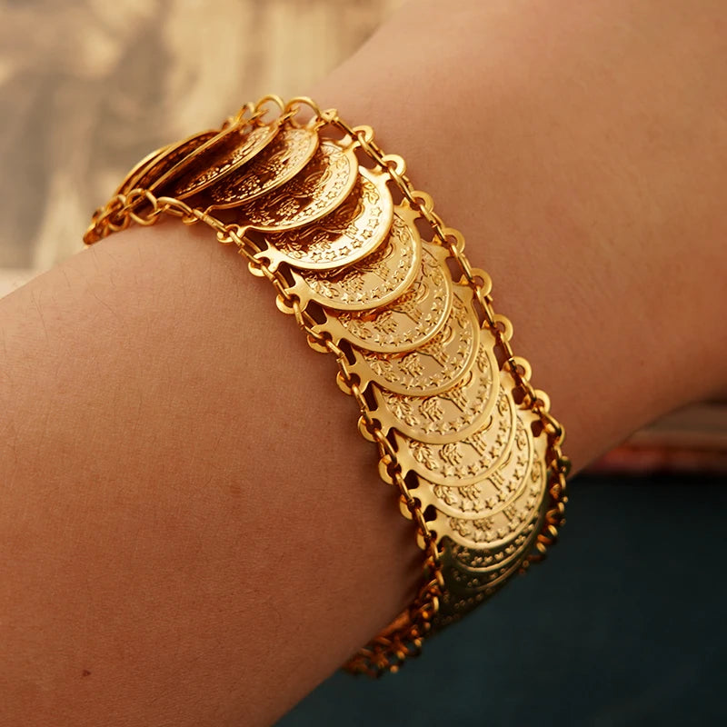 Luxury Gold-Plated Ottoman Turkish Totem Coin Cuff Bangle