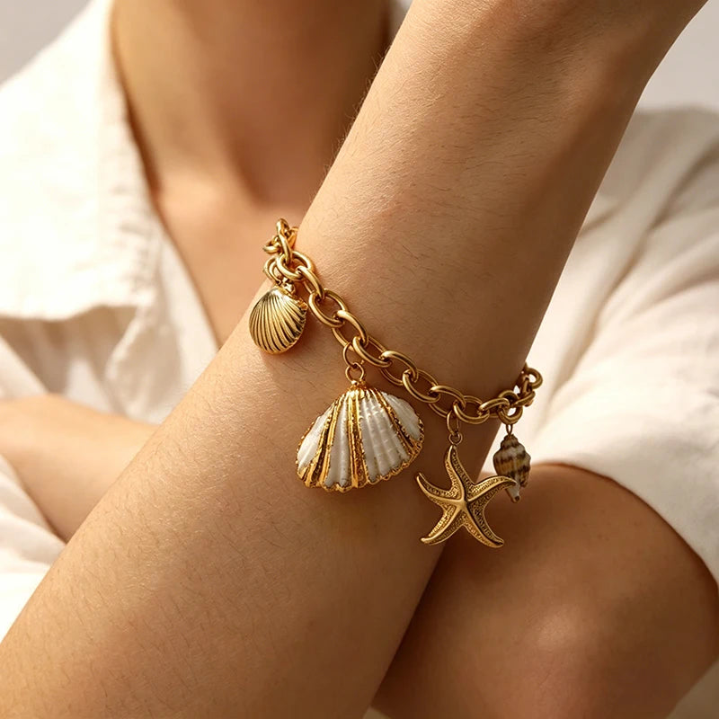 EILIECK 316L Stainless Steel Beach-Style Shells Starfish Bracelet Bangle For Women Trendy Waterproof Hand Chain Jewelry Gift