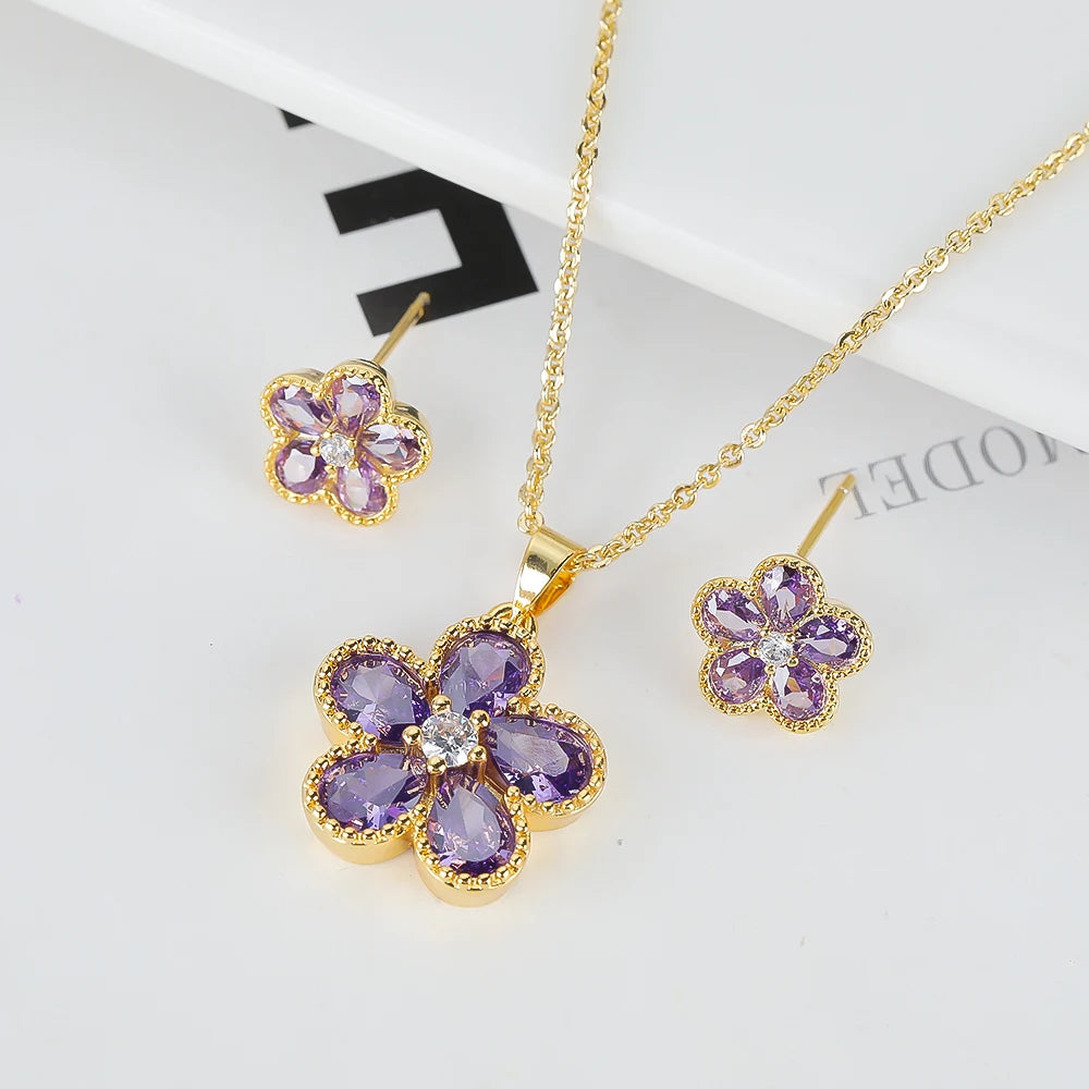 2PC Glass Crystal New Sweet Pendant Necklace Earrings Plum Blossom Five Leaf Flower Luxury Plant Women's Gift Clover