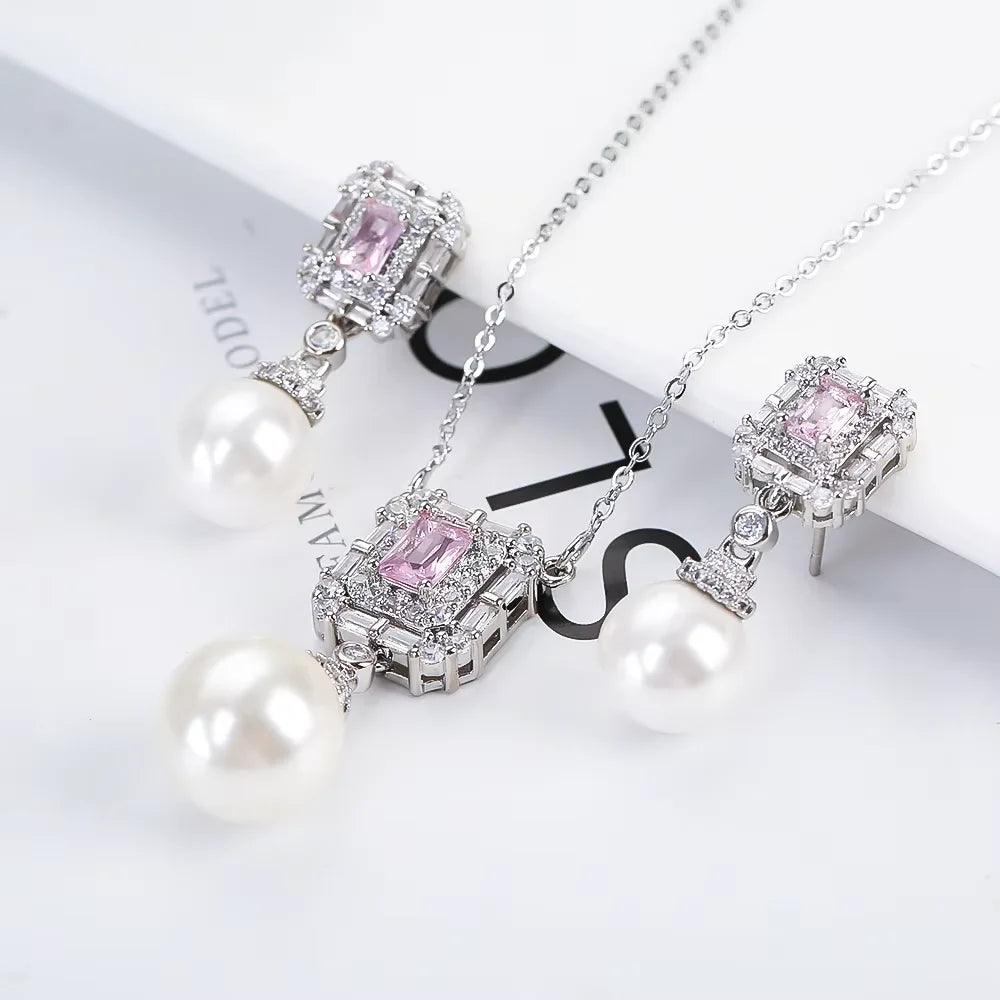 Luxury New Design Simple Irregular Pearl Classic Retro Pendant Necklace Earring Jewelry Set 18K Gold Plated Square Crystal Women