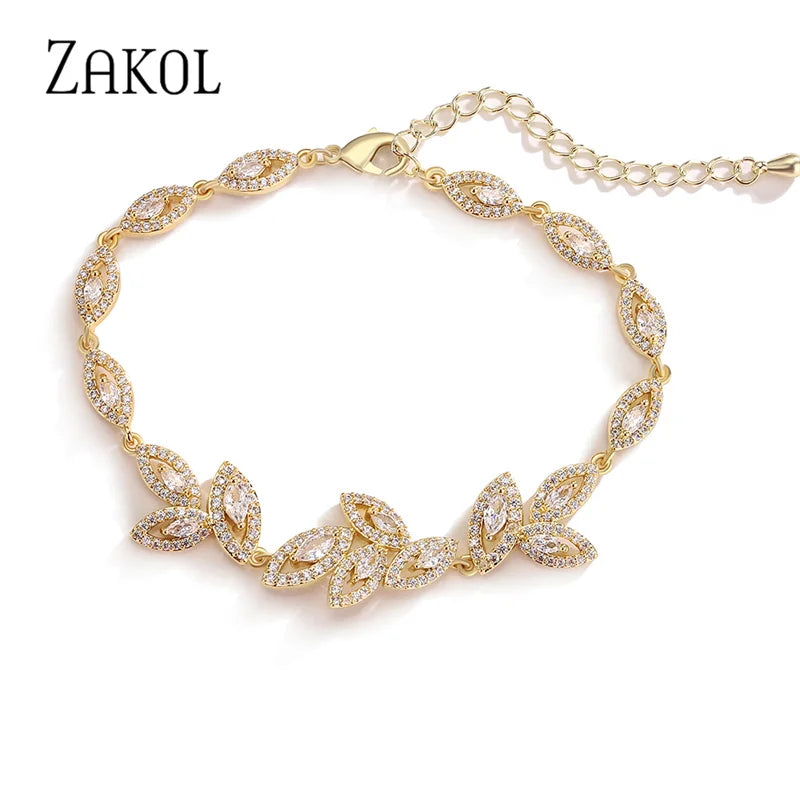 ZAKOL Luxury Gold Color Leaf Bridal Wedding Jewelry Sets for Women Marquise Zircon Earrings Necklace Bracelets Set