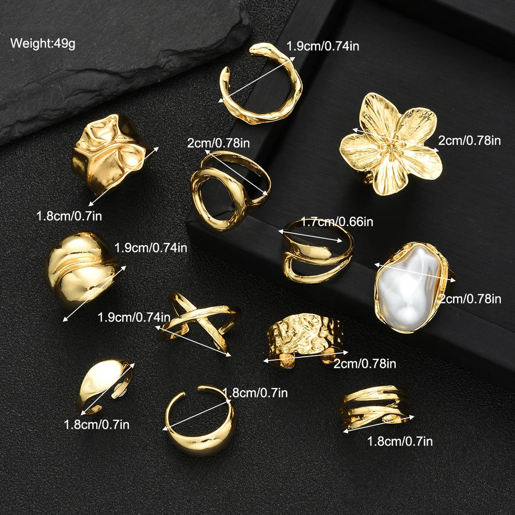 Bohemian Irregular Gold Color Flower & Pearl Opening Rings Set, 12 Pcs/Set