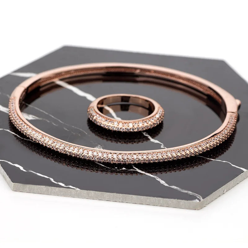 Luxurious Copper Zircon Bangles Set Women Crystal Pendant Bracelets Statement Ring Lady Fashion Jewelry