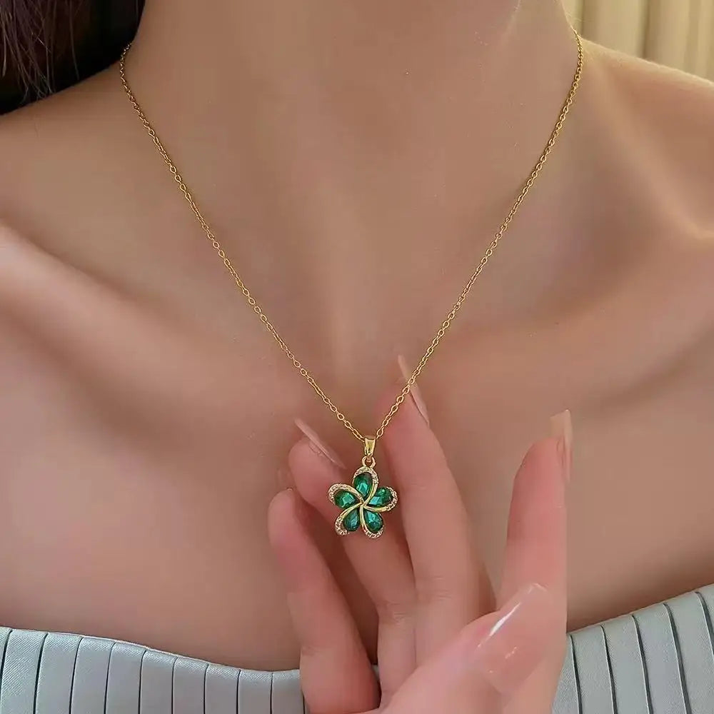 EILIECK 316L Stainless Steel Green Cubic Zircon Flower Pendant Necklace for Women Luxury Temperament Neck Chain Fashion Jewelry