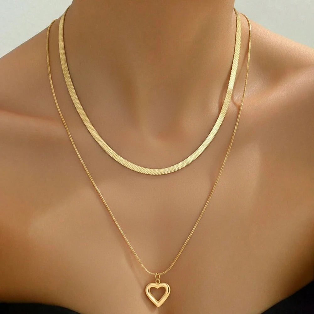 Stainless Steel Gold Layered Herringbone&Heart Pendant Necklace,Minimalist Dainty Style for Women, Daily Wear & Holiday Jewelry