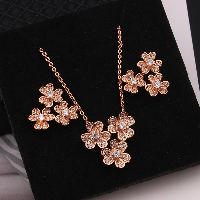 Fashion Luxury Flower Geometry Cubic Ziron Classic Charms Necklace Engagement Bridal Earring Jewelry copper Lady Gift