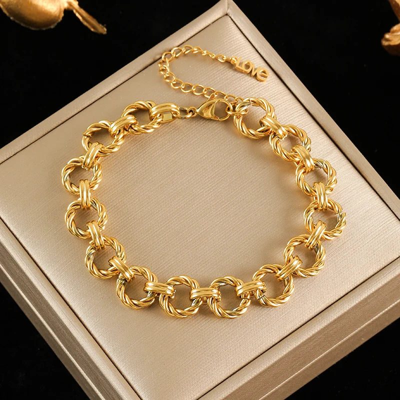 EILIECK 316L Stainless Steel Metal Gold Color Round Link Chain Necklace Bracelet Set For Women Fashion Punk Waterproof Jewelry