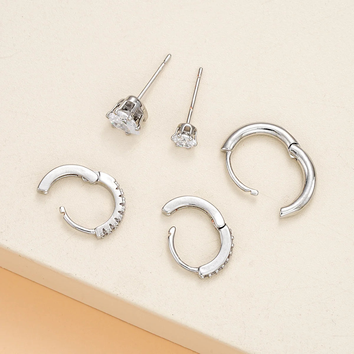 Minimalist Silver Color Heart Zircon Crystal Hoop Earring Set, 5 Pcs/Set