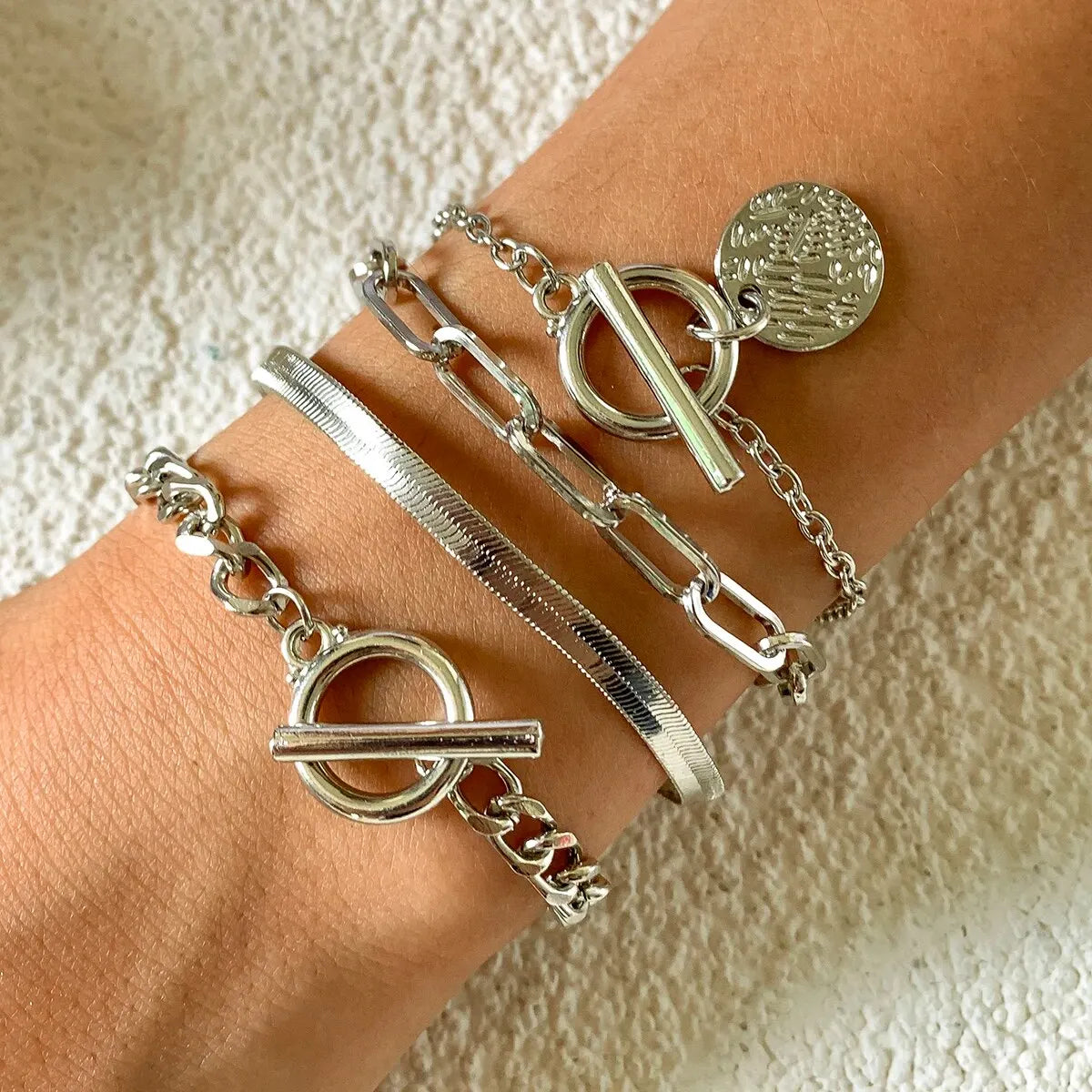Punk Cuban Link & Snake Chain Coin Pendant OT Buckle Bracelet
