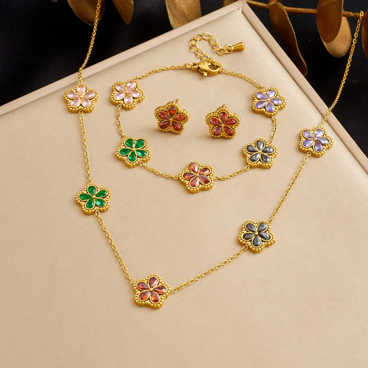 DIEYURO 316L Stainless White WaterDrop Crystal Inlay Flowers Necklace Bracelet Earrings Set Lady Classic Elegant Jewelry Sets