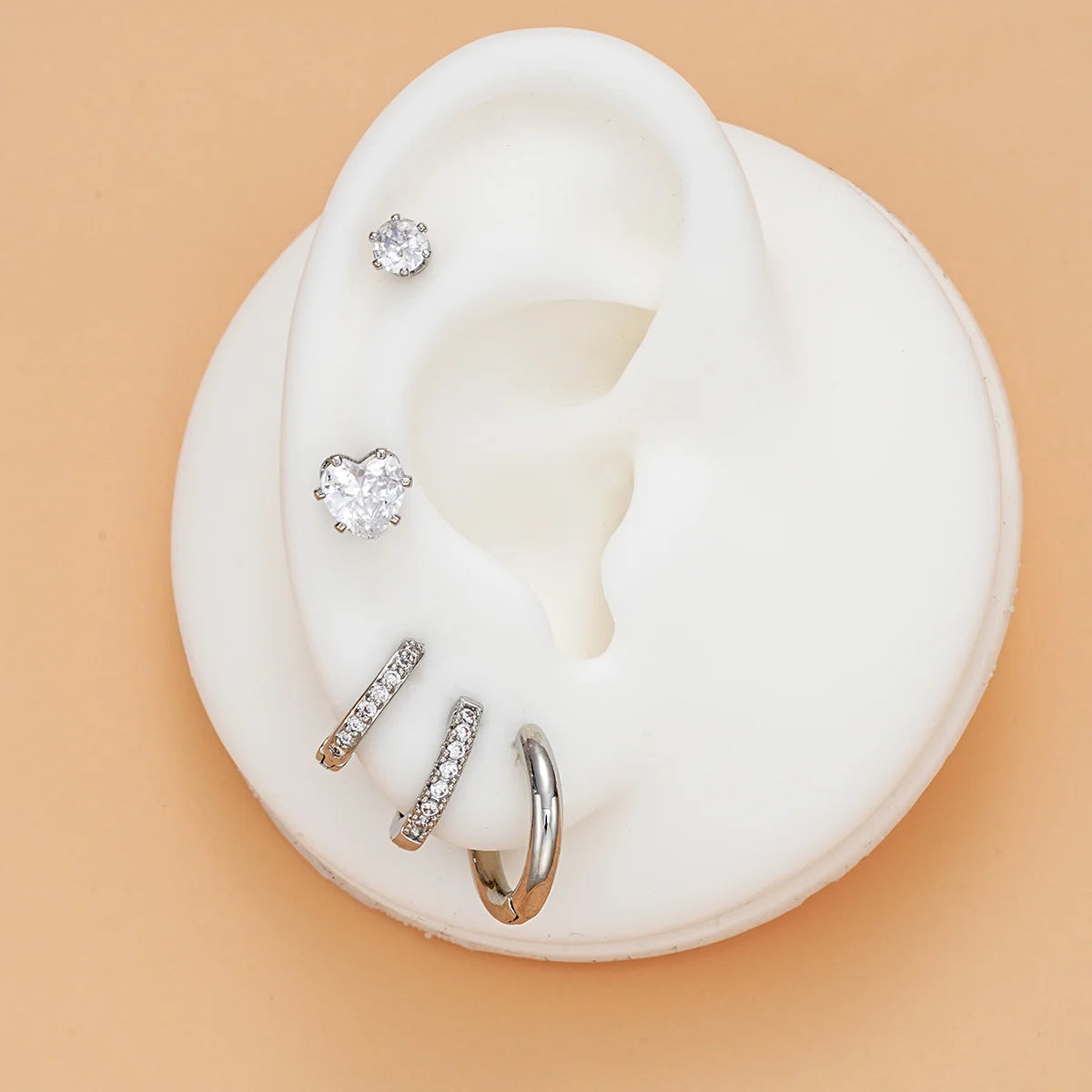 Minimalist Silver Color Heart Zircon Crystal Hoop Earring Set, 5 Pcs/Set