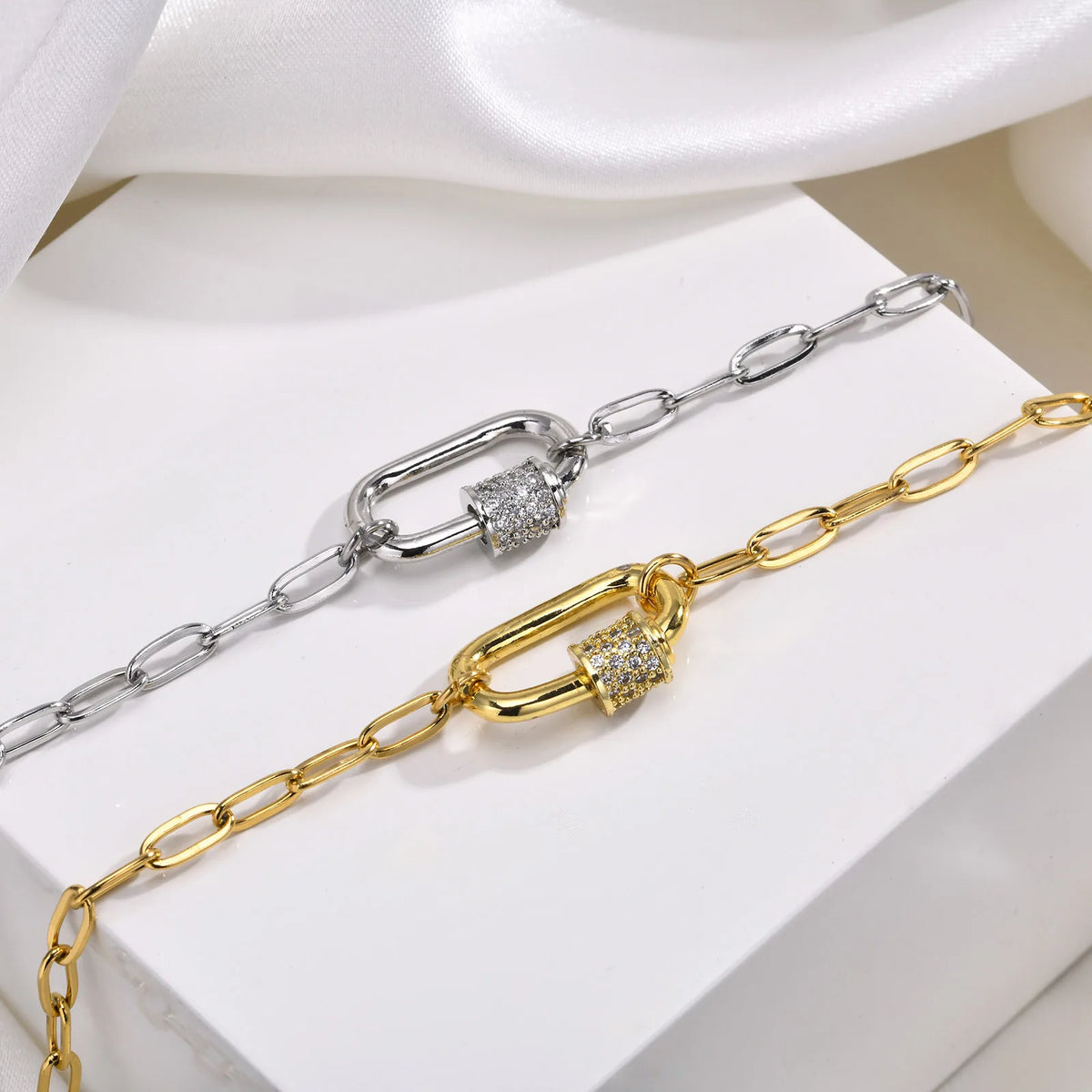 Carabiner Necklace 18K Gold Plated Stainless Steel Paperclip Link Chain Pave CZ Lock Pendant Tarnish Free Jewelry