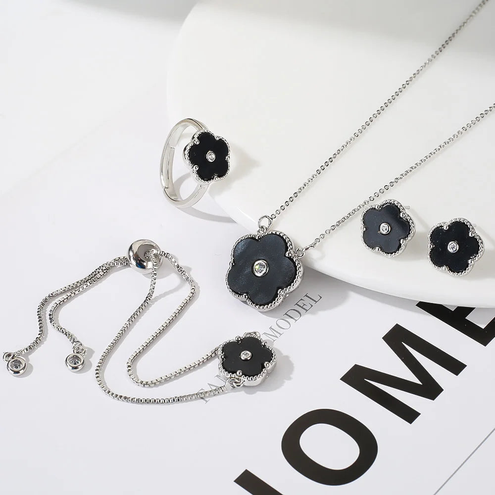 4pc Double-Sided Plum Blossom Jewelry Set Zircon New Hot Selling Plant Five Leaf Flower Women's High-Quality Clover