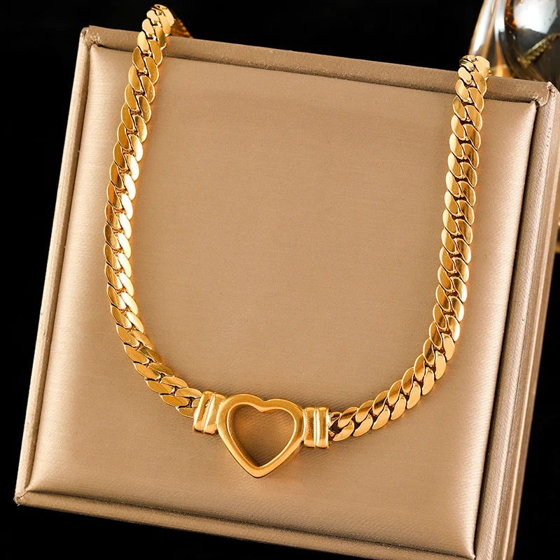 EILIECK 316L Stainless Steel Metal Gold Color Heart Chain Collar Necklace For Women Trendy Waterproof Neck Chain Jewelry Gift