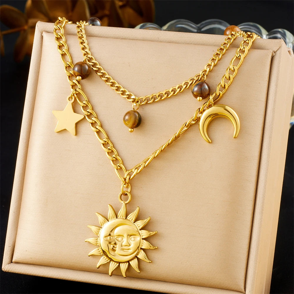 DIEYURO 316L Stainless Steel Golden Heart Sun Multiple Pendants Necklace Women New Fashion Marine Style Neck Chain Jewelry Gift