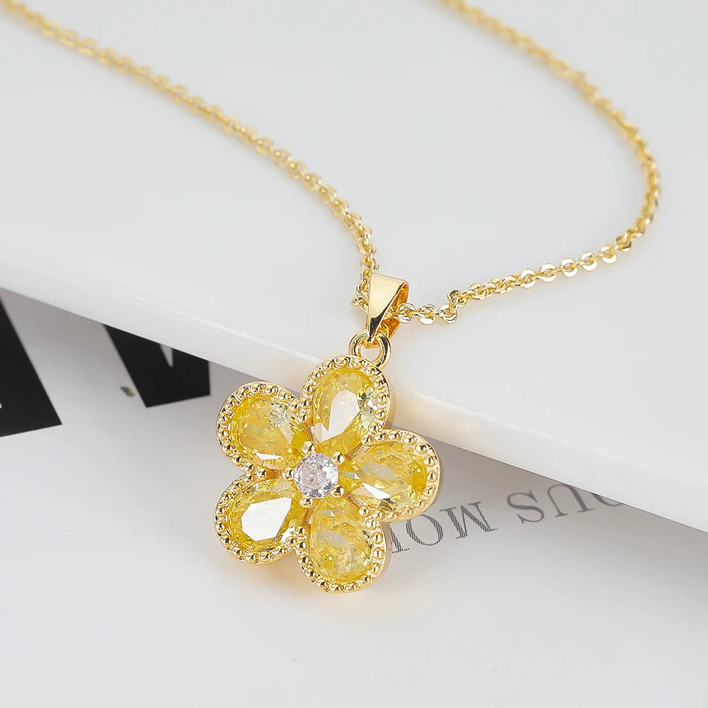 2PC Glass Crystal New Sweet Pendant Necklace Earrings Plum Blossom Five Leaf Flower Luxury Plant Women's Gift Clover