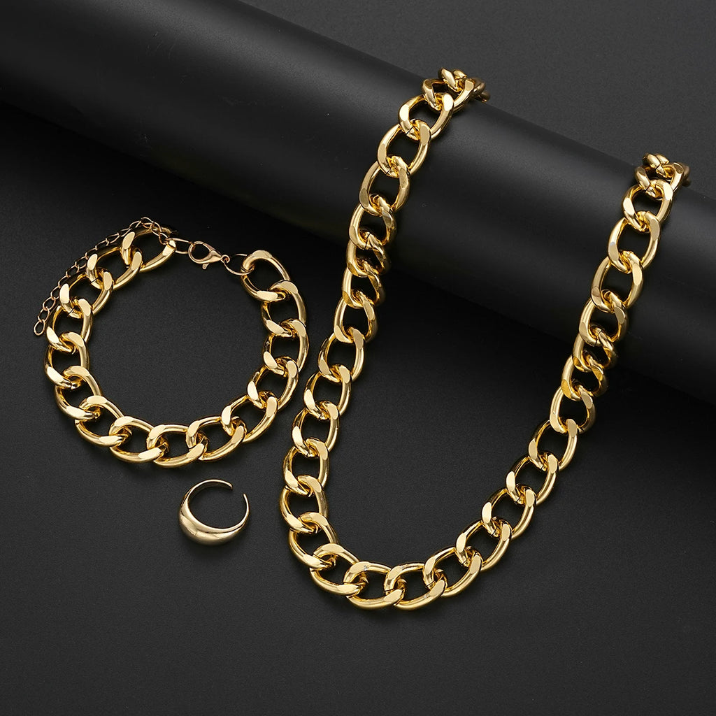 Punk Chunky Cuban Chain Necklace, Bracelet & Ring Jewelry Set, 3 Pcs/Set