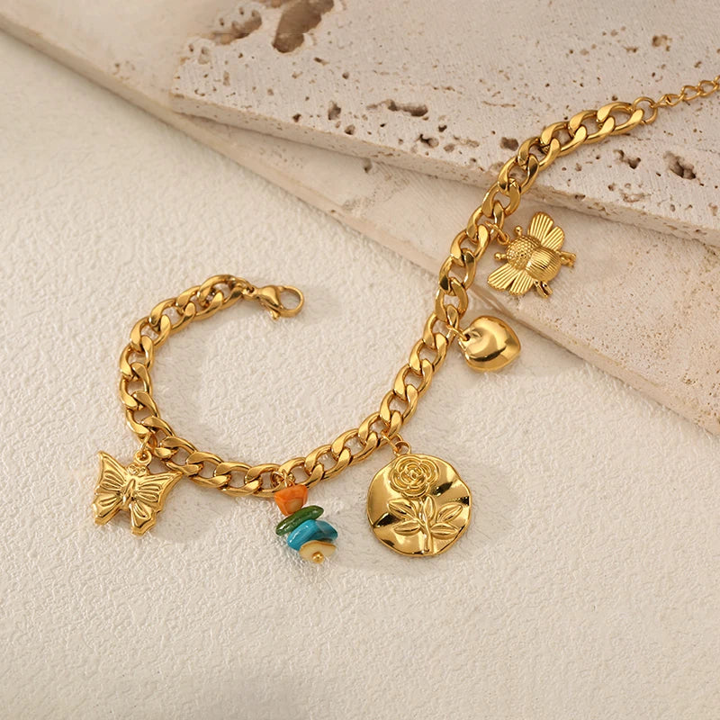 EILIECK Women's Fashion Retro Multi-Charm Chain Bracelet Gold Color Stainless Steel Flower Heart Butterfly Charm Bangle Jewelry